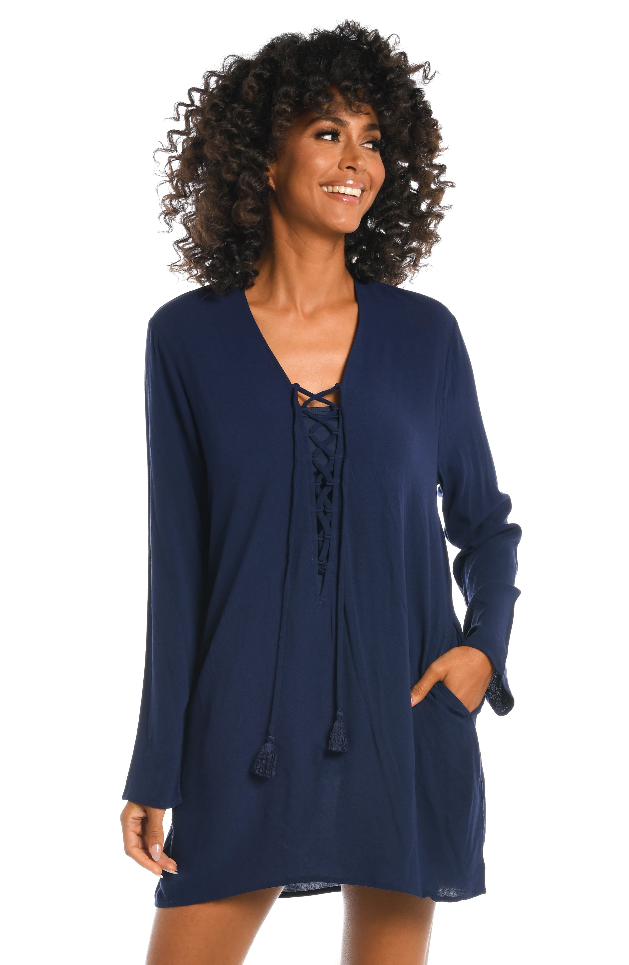 Beachcomber Basics Lace Up V-Neck Tunic - Indigo - FINAL SALE - Image 3