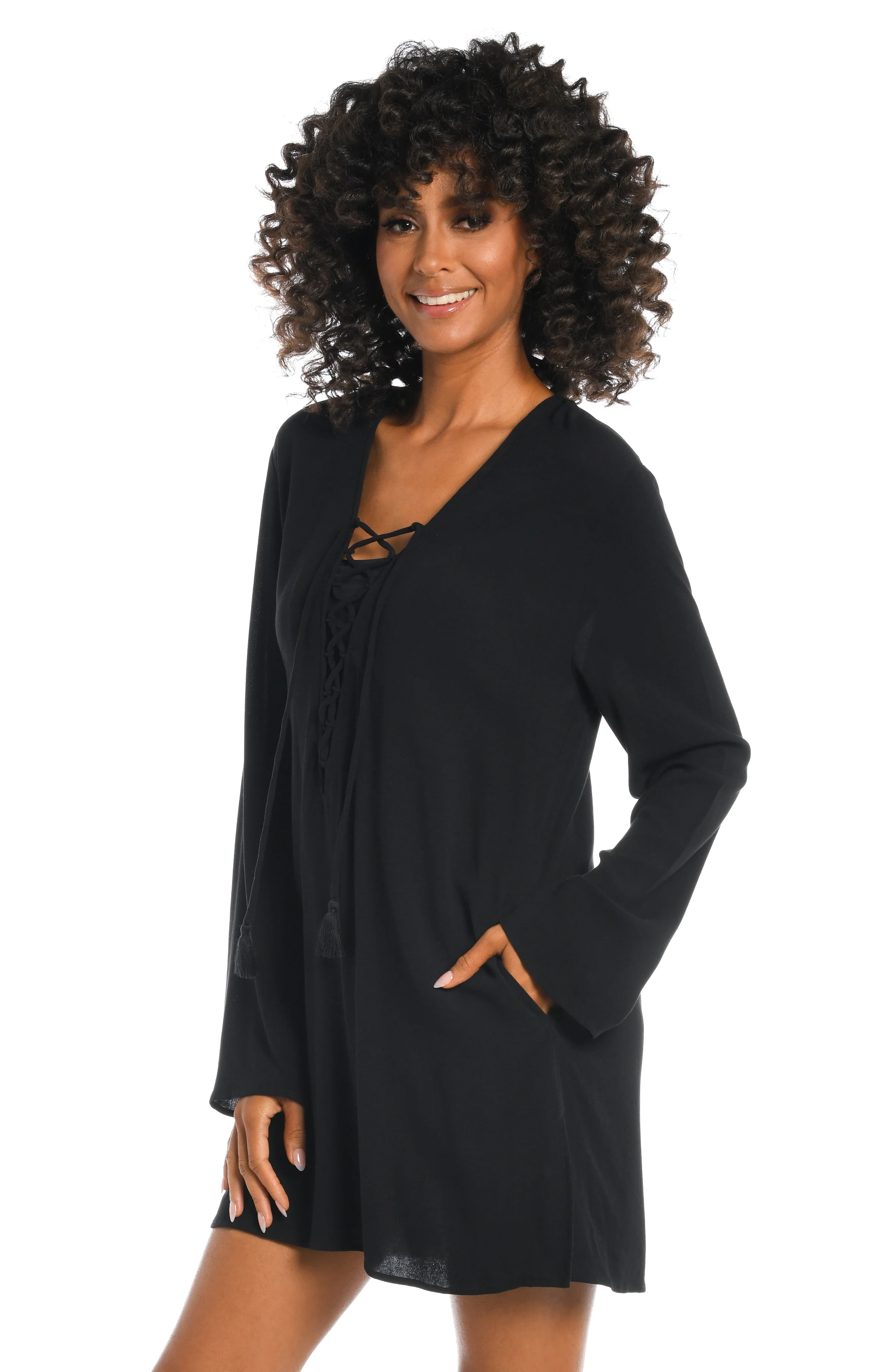 Beachcomber Basics Lace Up V-Neck Tunic - Black - FINAL SALE - Image 3