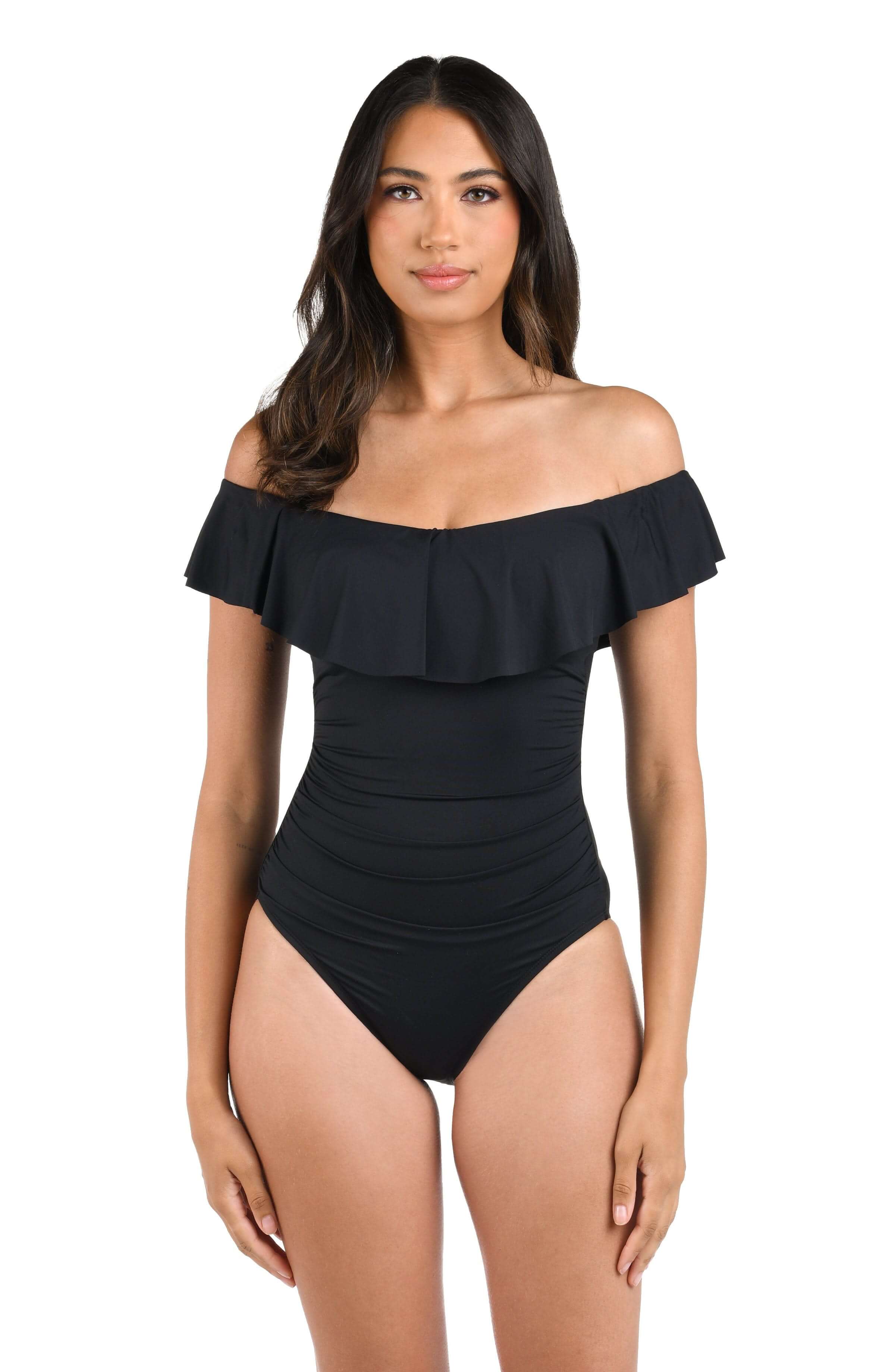 Island Goddess Off Shoulder Ruffle One Piece - Black - Image 3