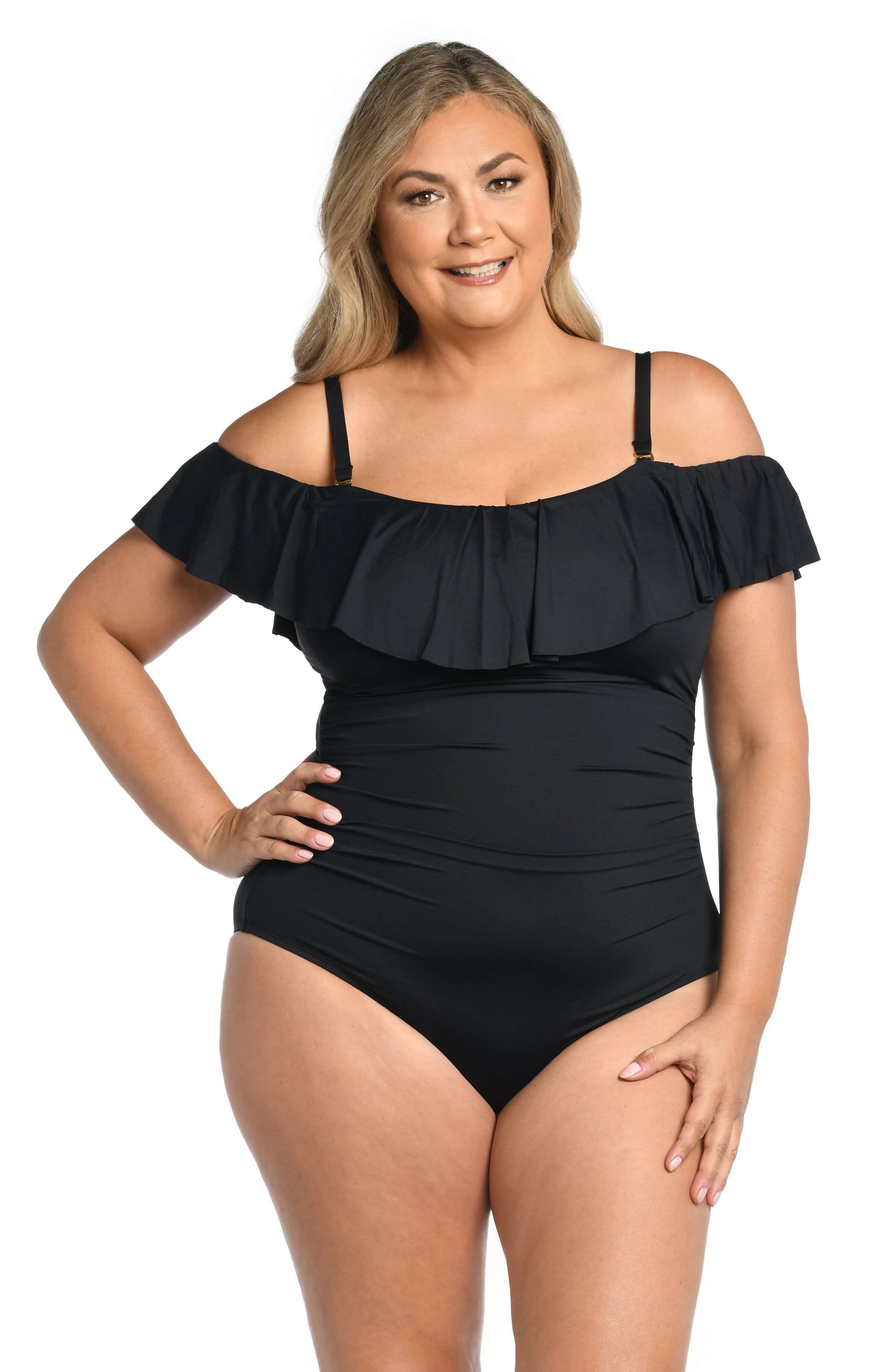 Island Goddess Off Shoulder Ruffle One Piece - Black - Image 5