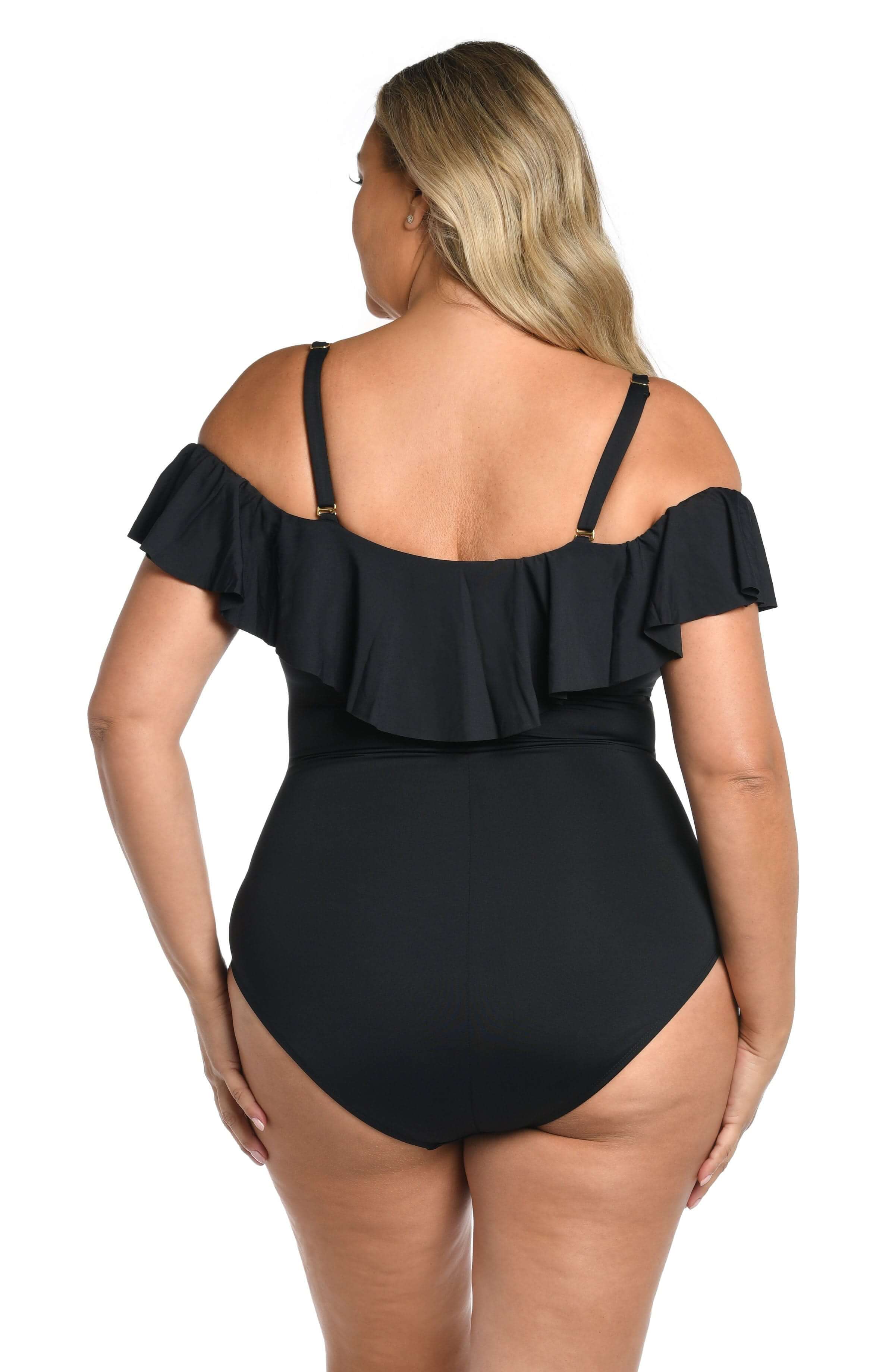 Island Goddess Off Shoulder Ruffle One Piece - Black - Image 6
