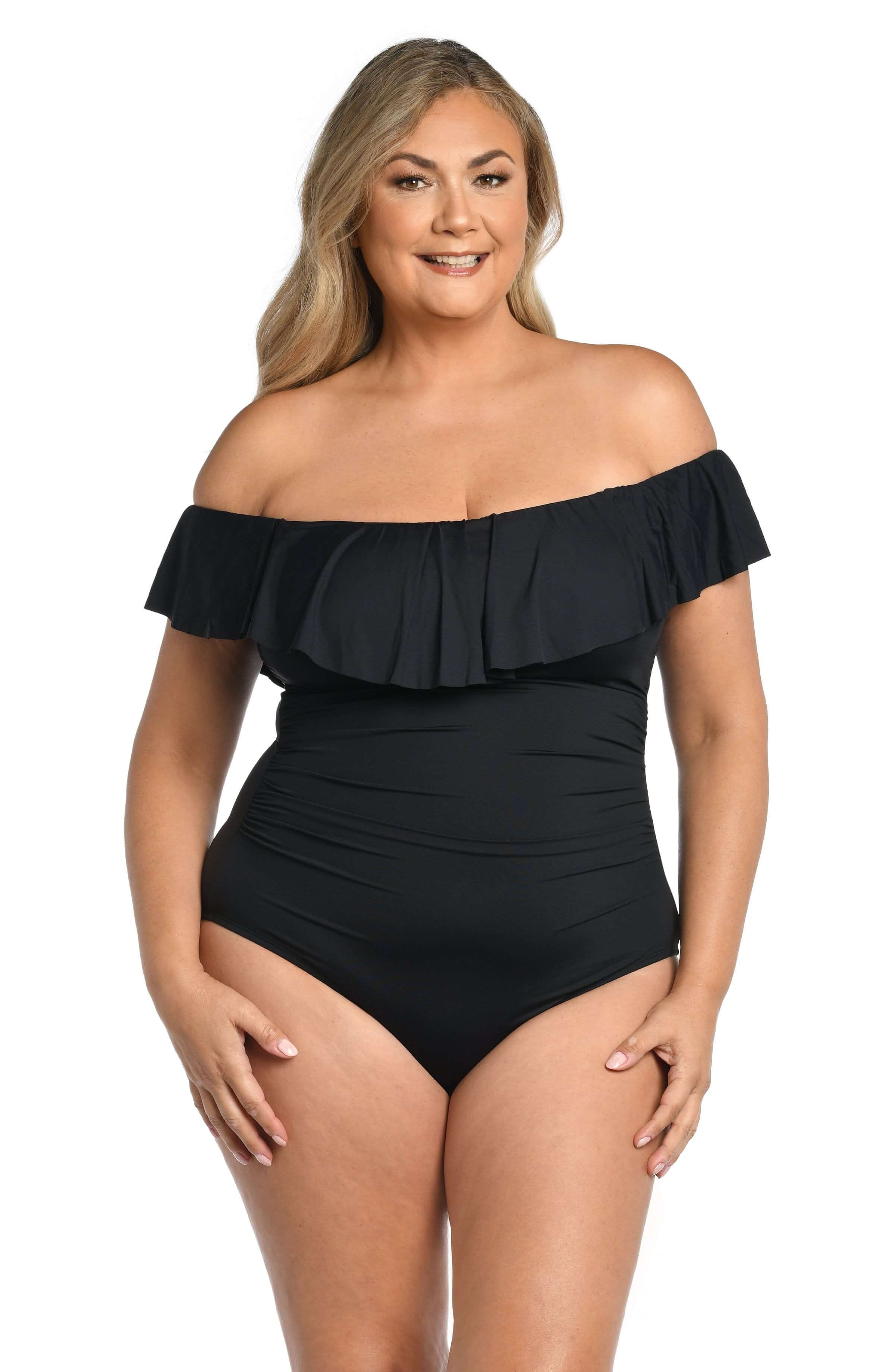 Island Goddess Off Shoulder Ruffle One Piece - Black - Image 7