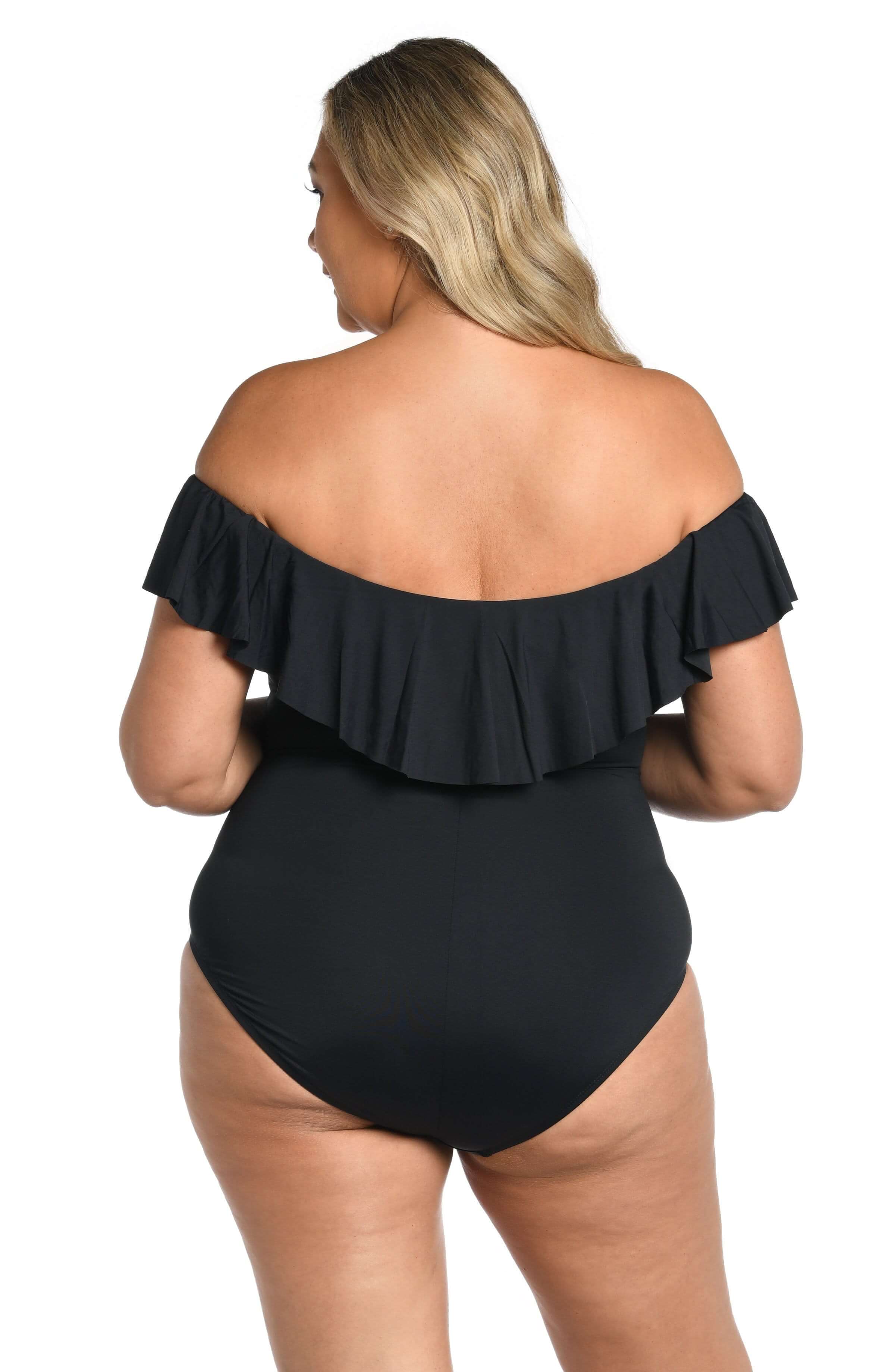 Island Goddess Off Shoulder Ruffle One Piece - Black - Image 8