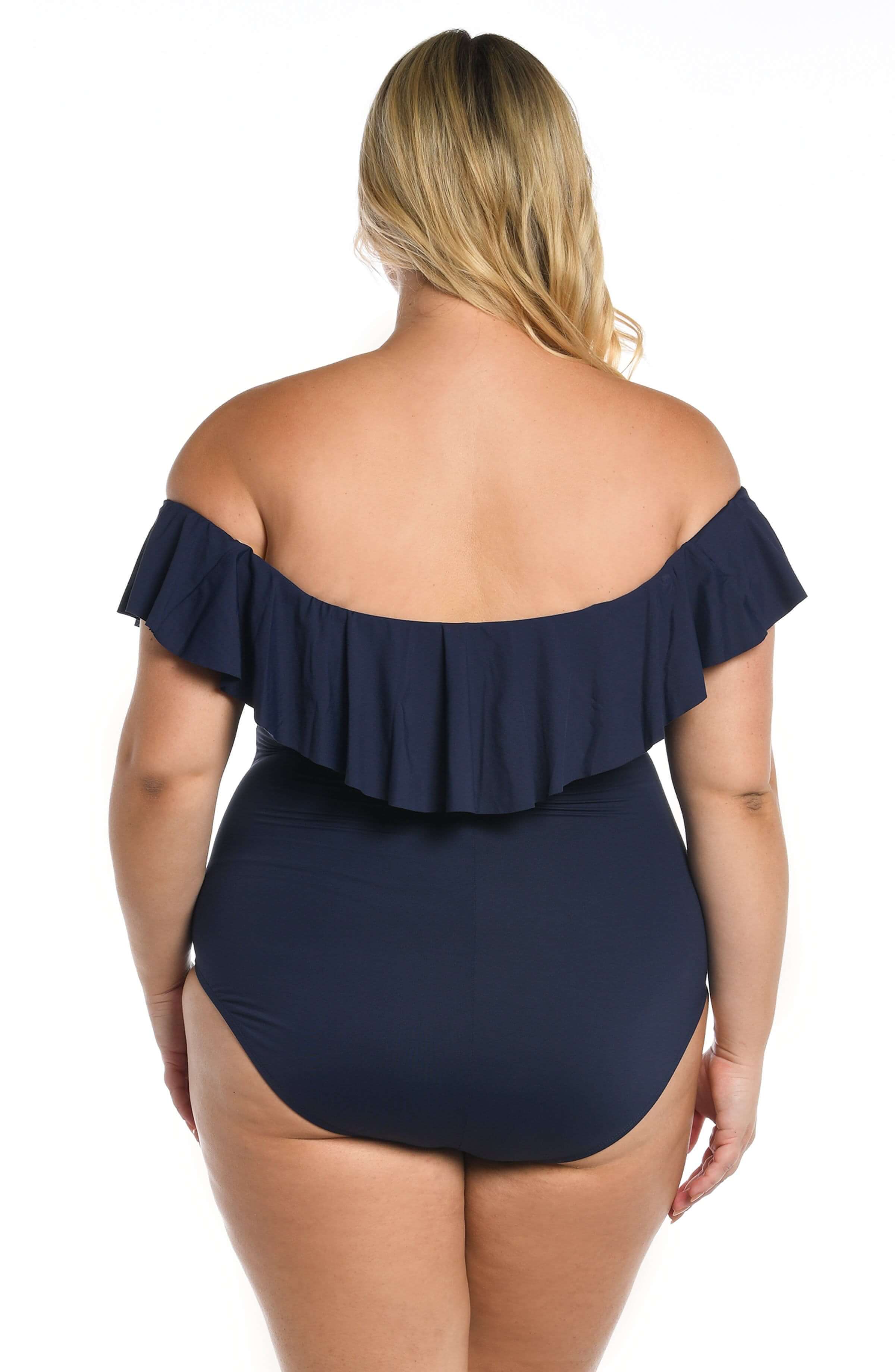 Island Goddess Off Shoulder Ruffle One Piece - Indigo - Image 8