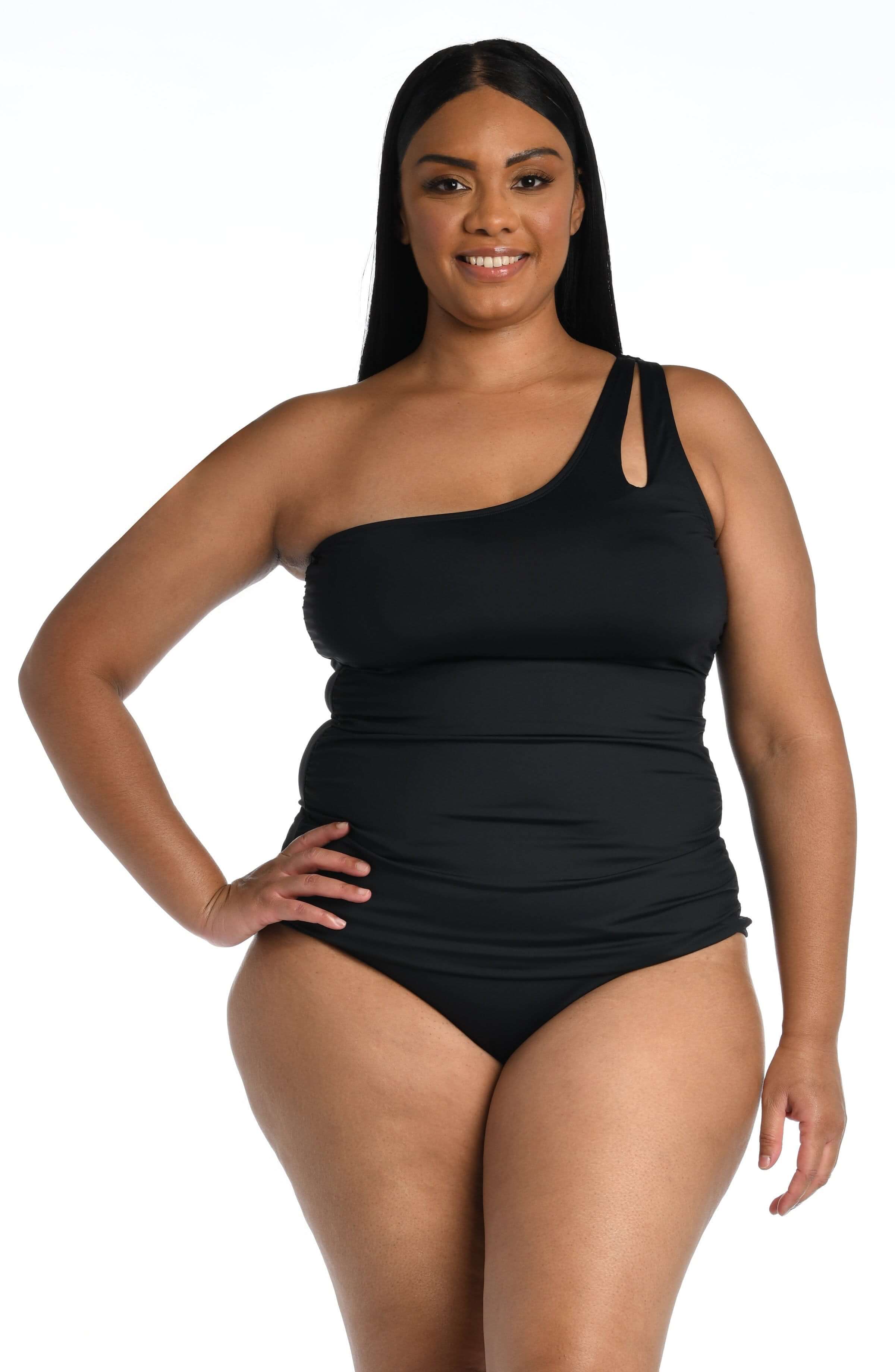 Island Goddess One Shoulder Keyhole Tankini Top - Black - Image 4