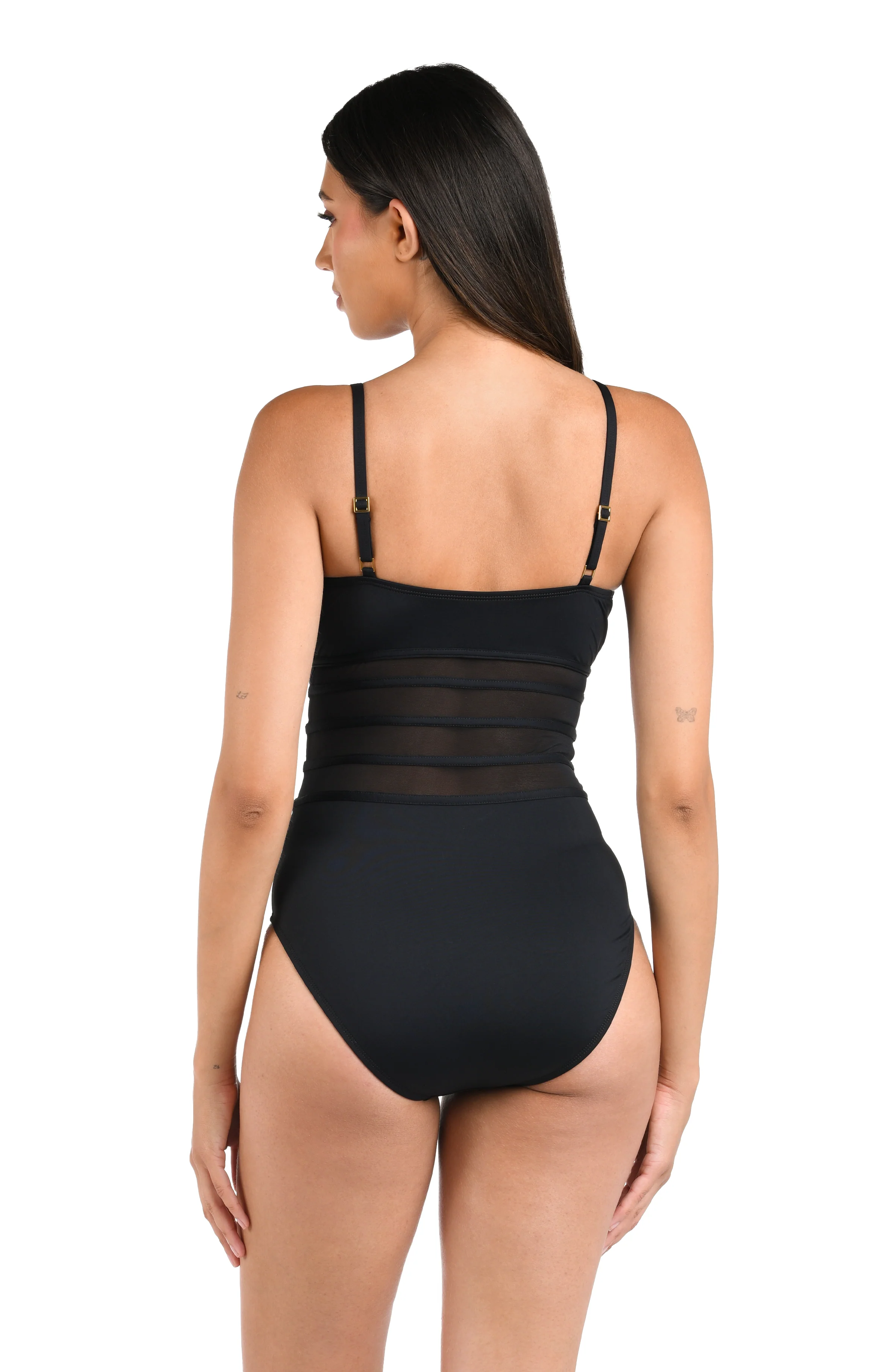 Island Goddess Over the Shoulder Mesh One Piece - Black - Image 2