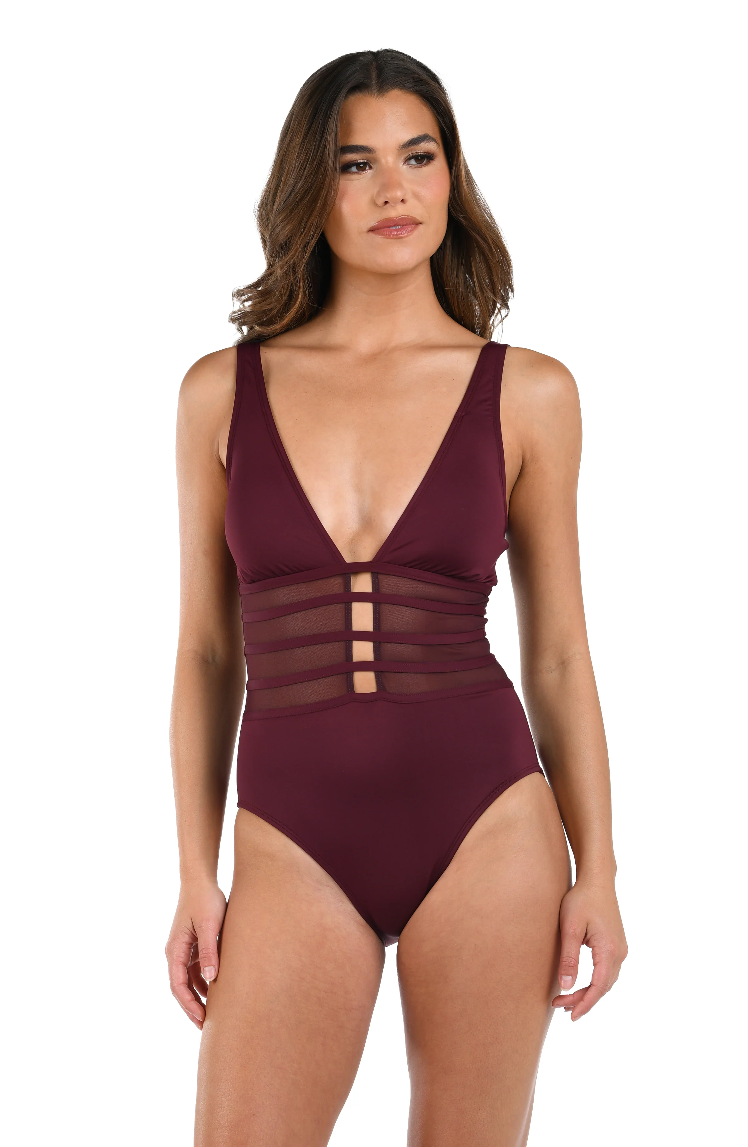 Island Goddess Over the Shoulder Mesh One Piece - Dark Cherry - Image 3