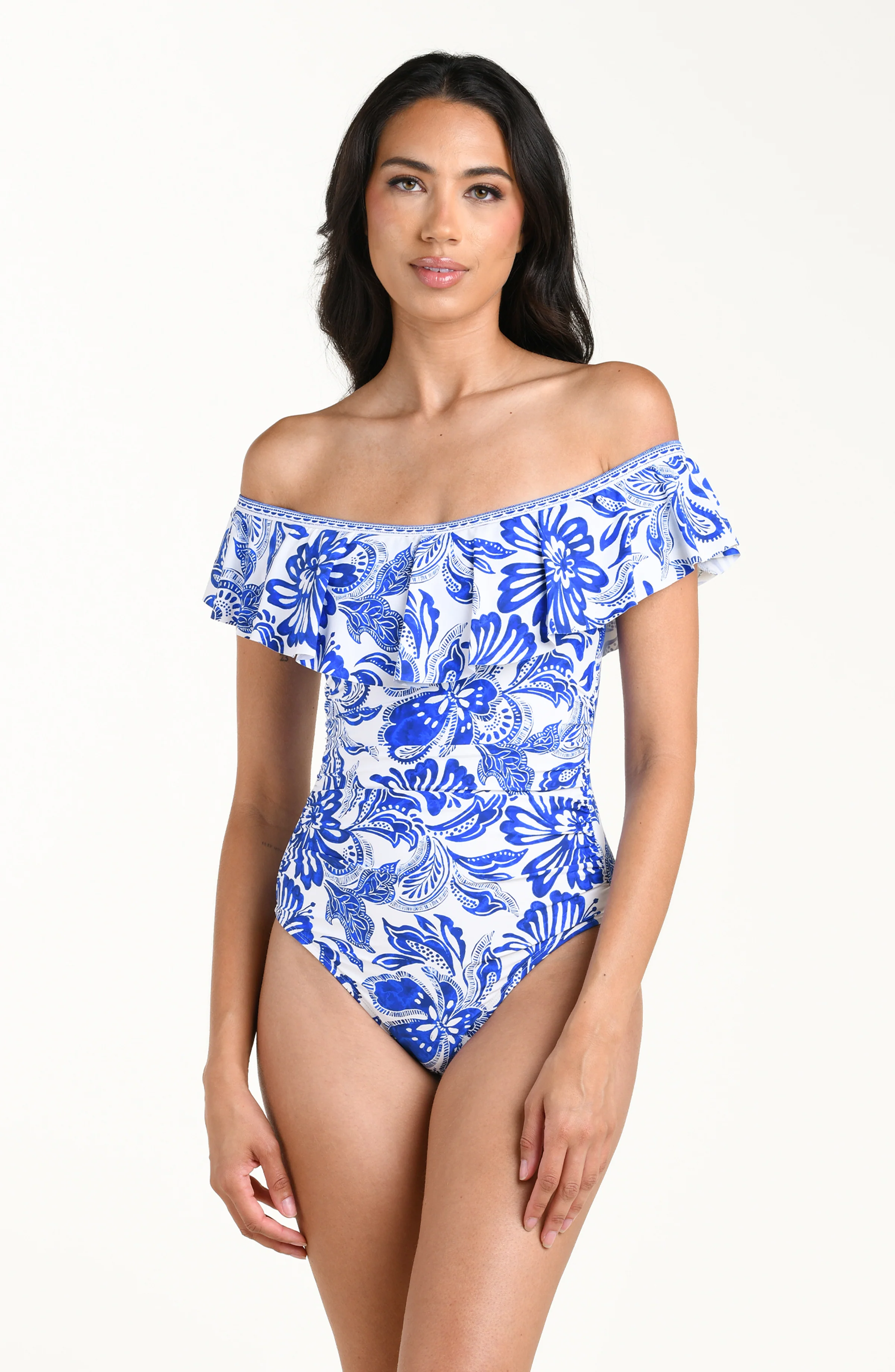 Botanical Brocade Off Shoulder Ruffle One Piece - Image 2