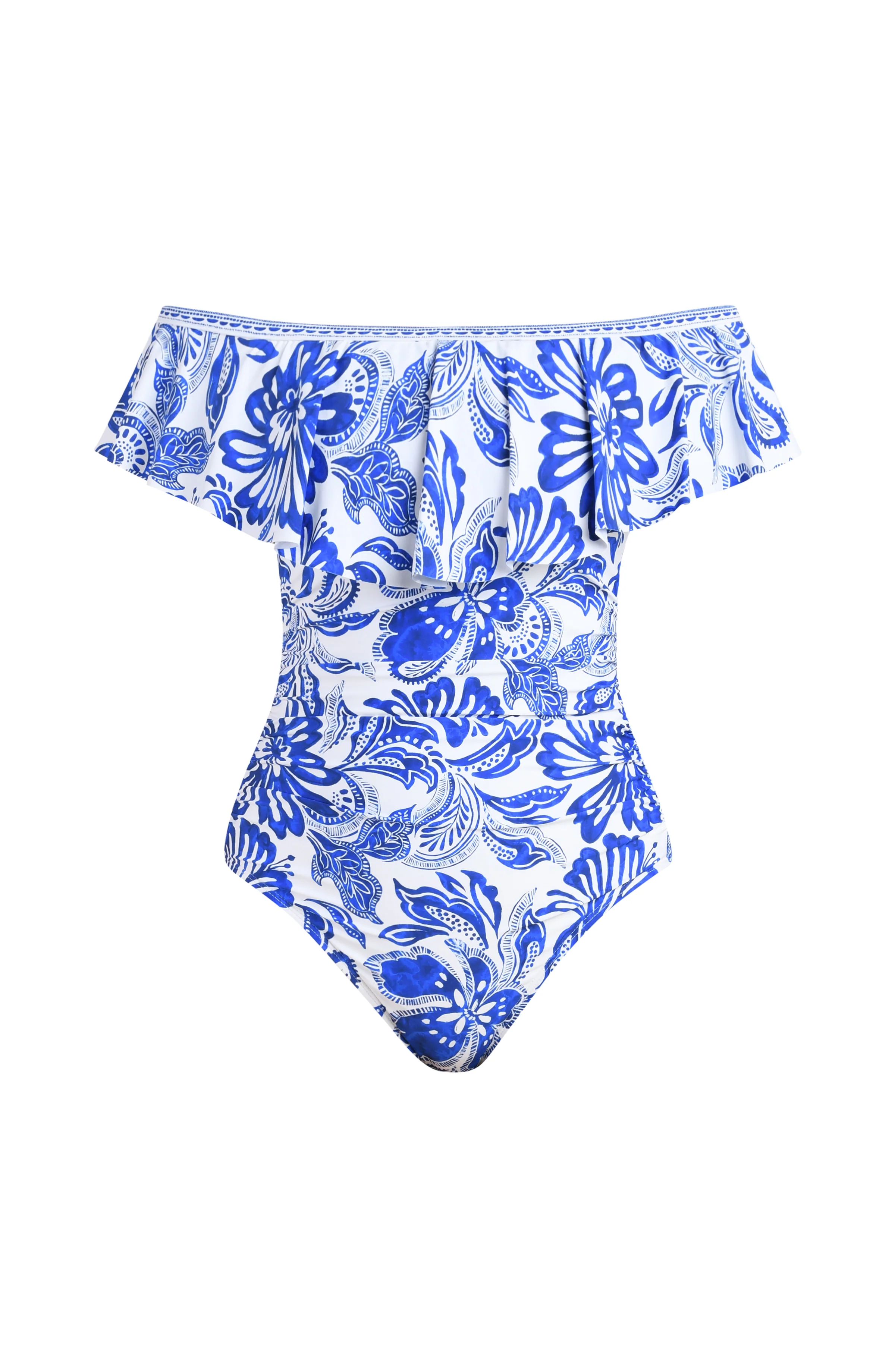 Botanical Brocade Off Shoulder Ruffle One Piece - Image 4