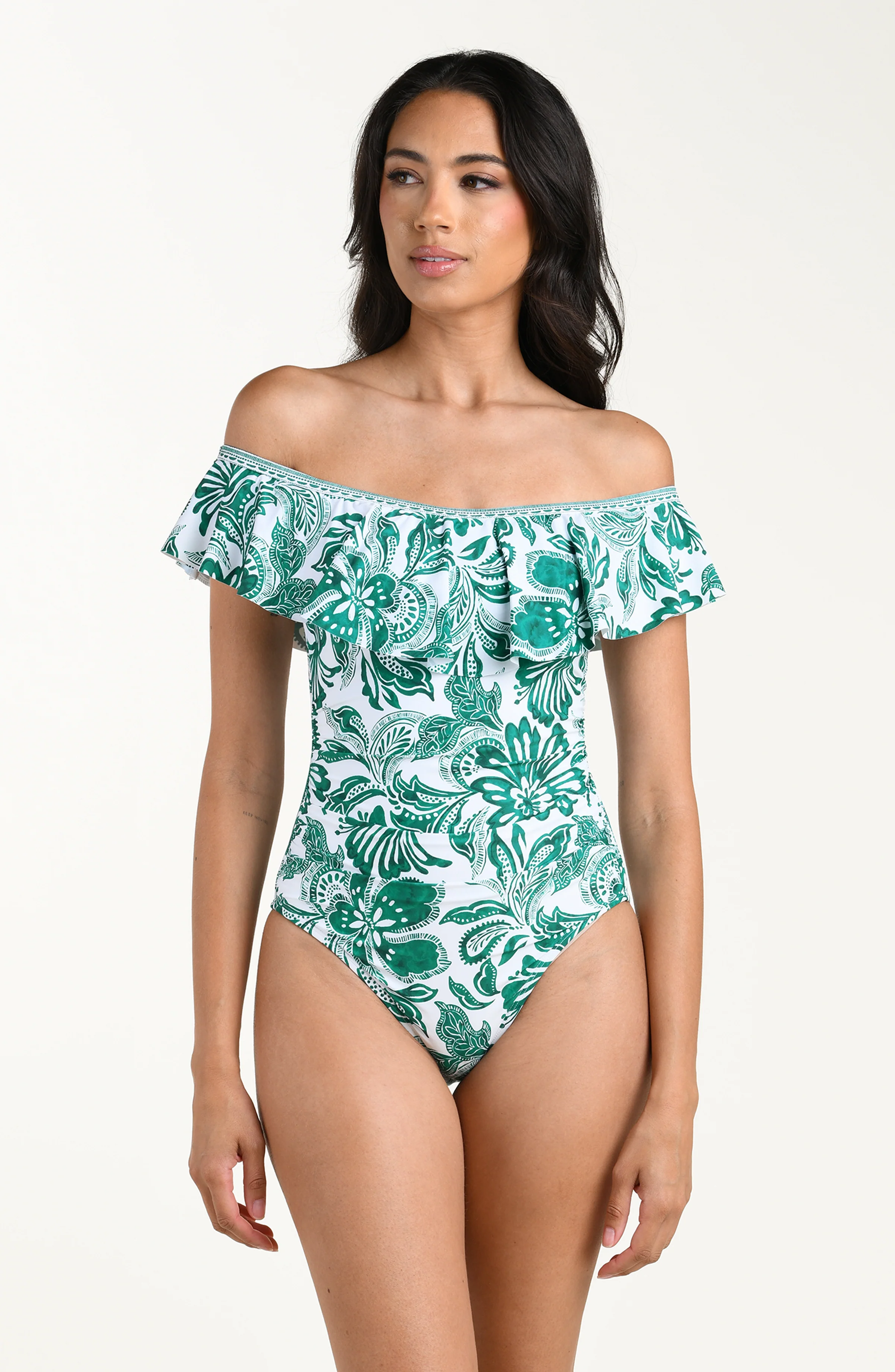 Botanical Brocade Off Shoulder Ruffle One Piece