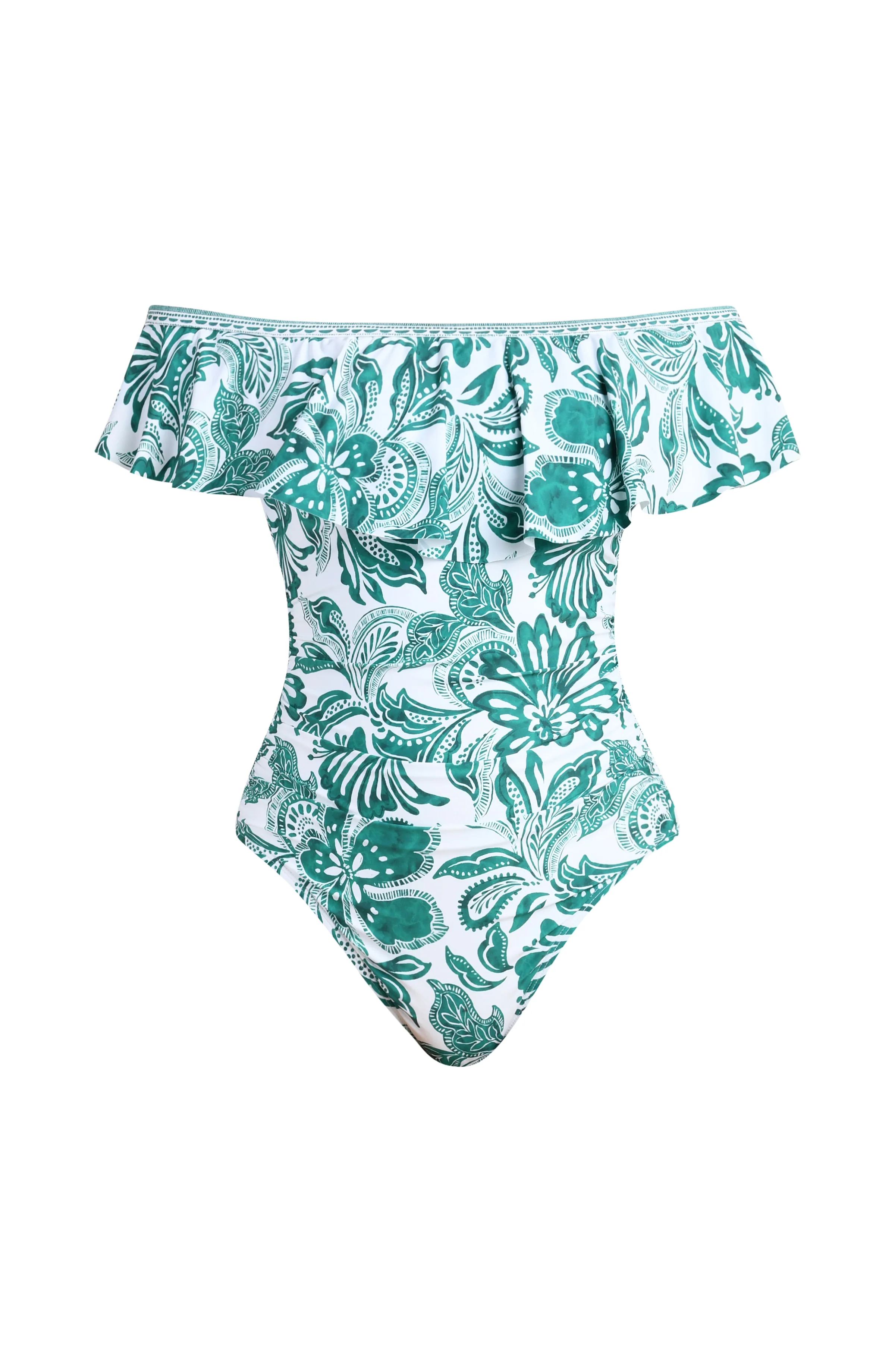 Botanical Brocade Off Shoulder Ruffle One Piece - Image 3