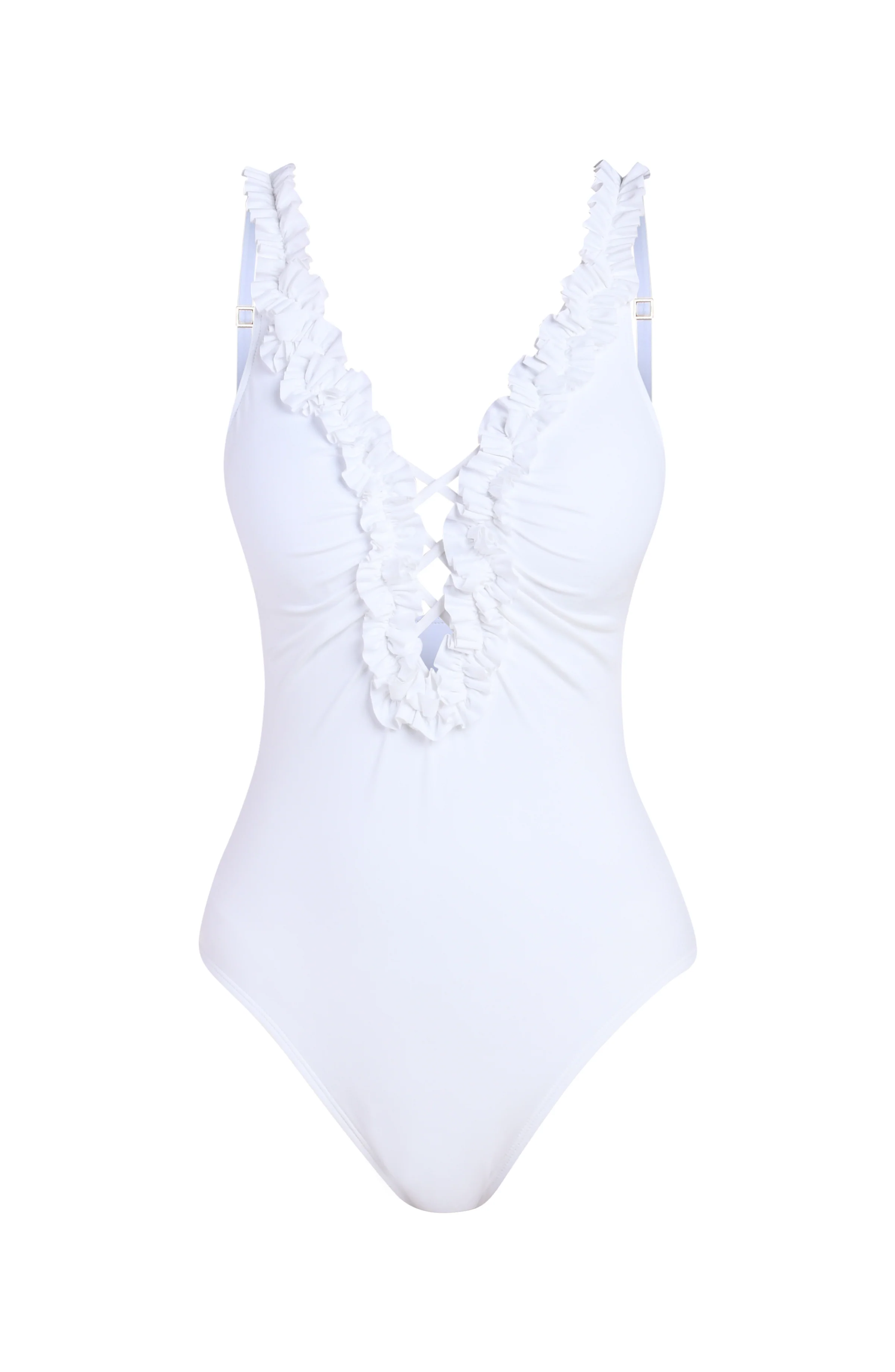 Island Goddess Ruffle V-Plunge One Piece - White - Image 5
