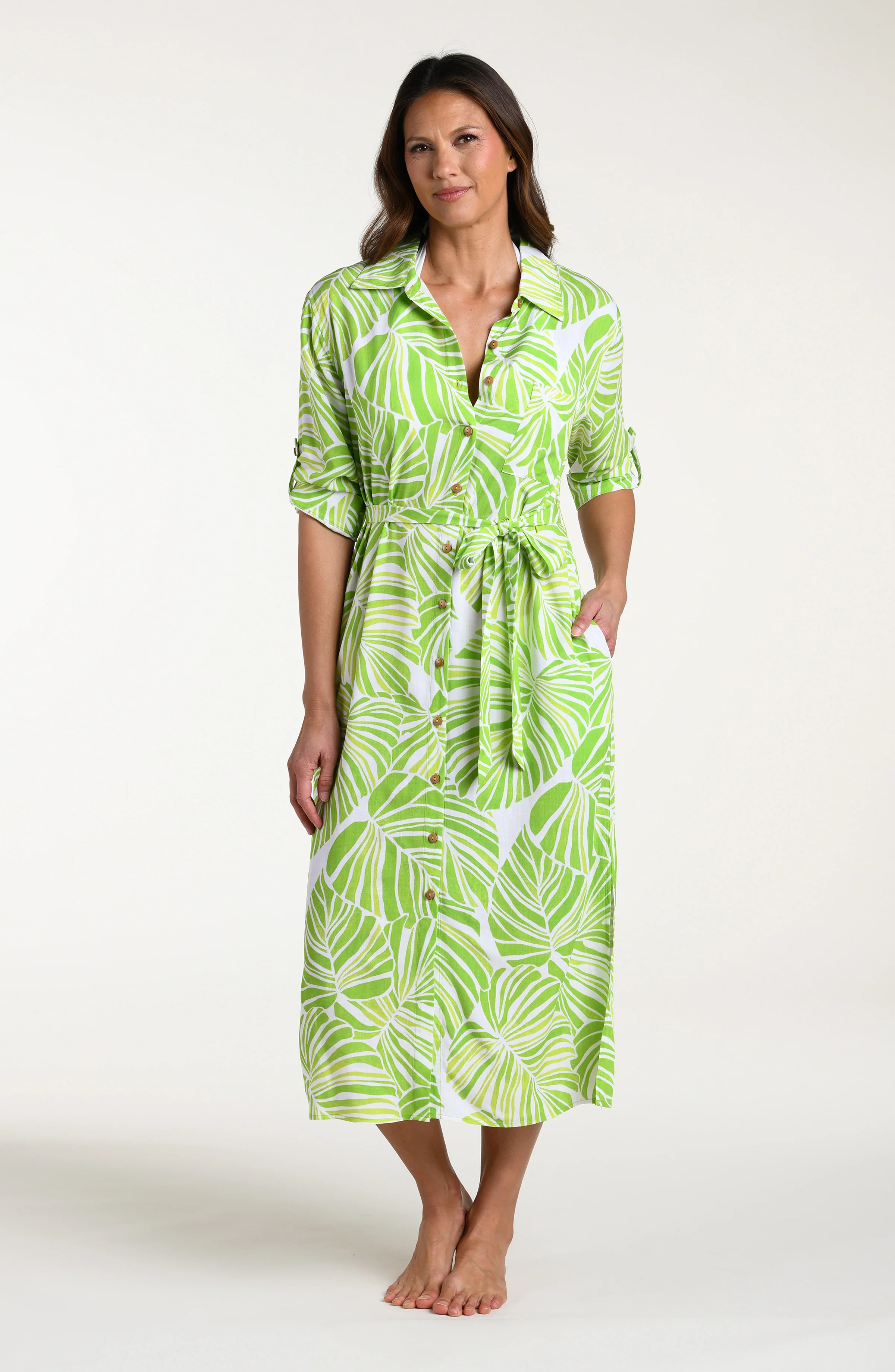 Serene Palm Button Up Shirt Dress