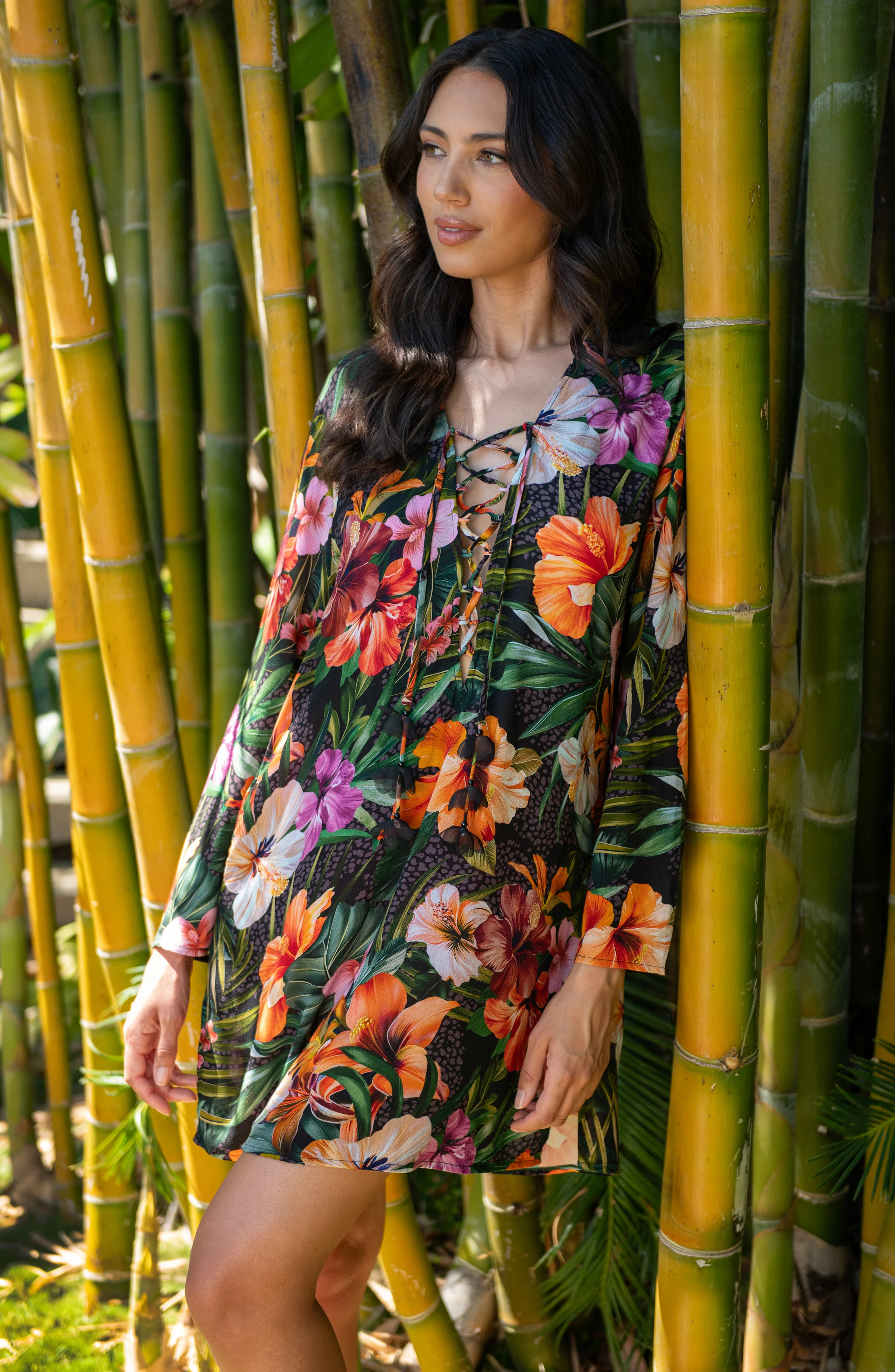 Tropical Hideaway Lace Up V-Neck Tunic