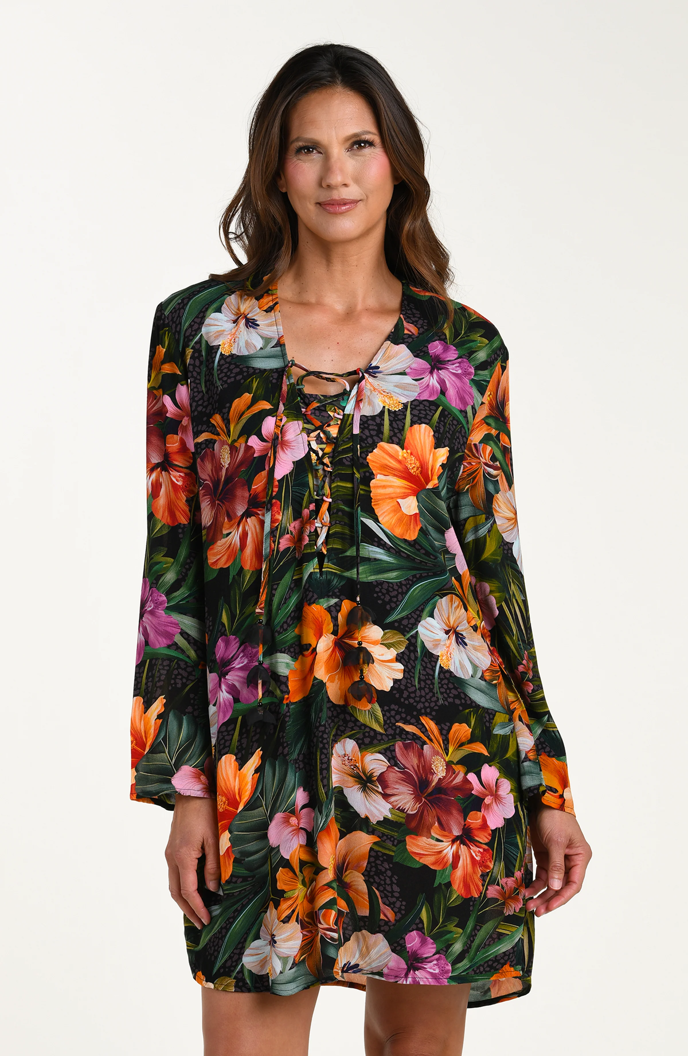 Tropical Hideaway Lace Up V-Neck Tunic - Image 2