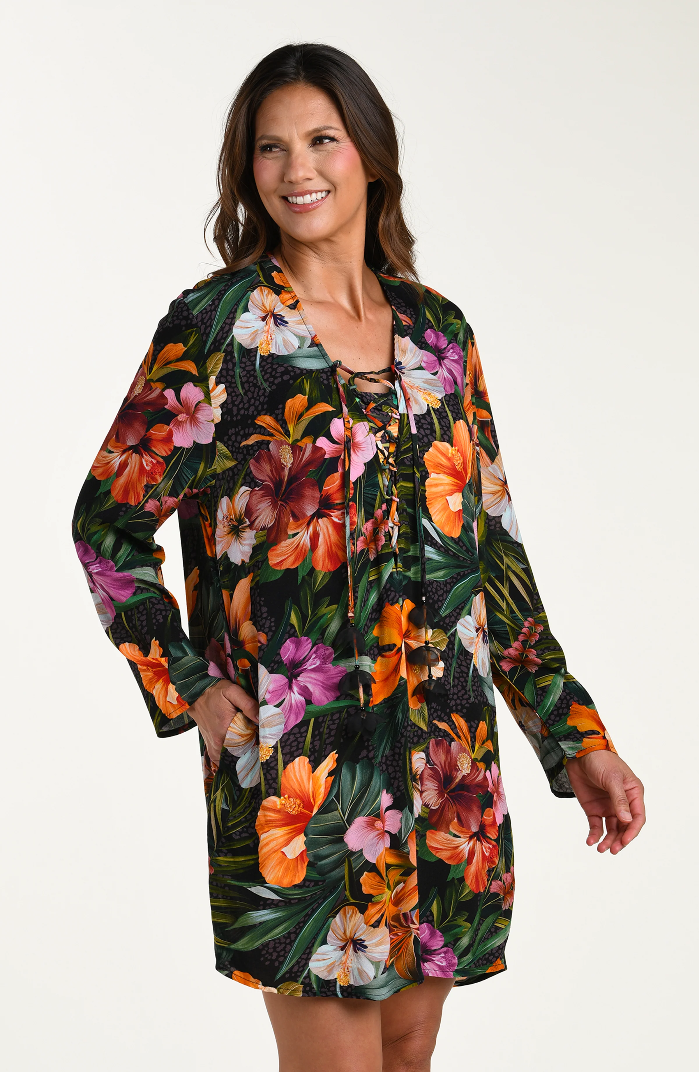 Tropical Hideaway Lace Up V-Neck Tunic - Image 4