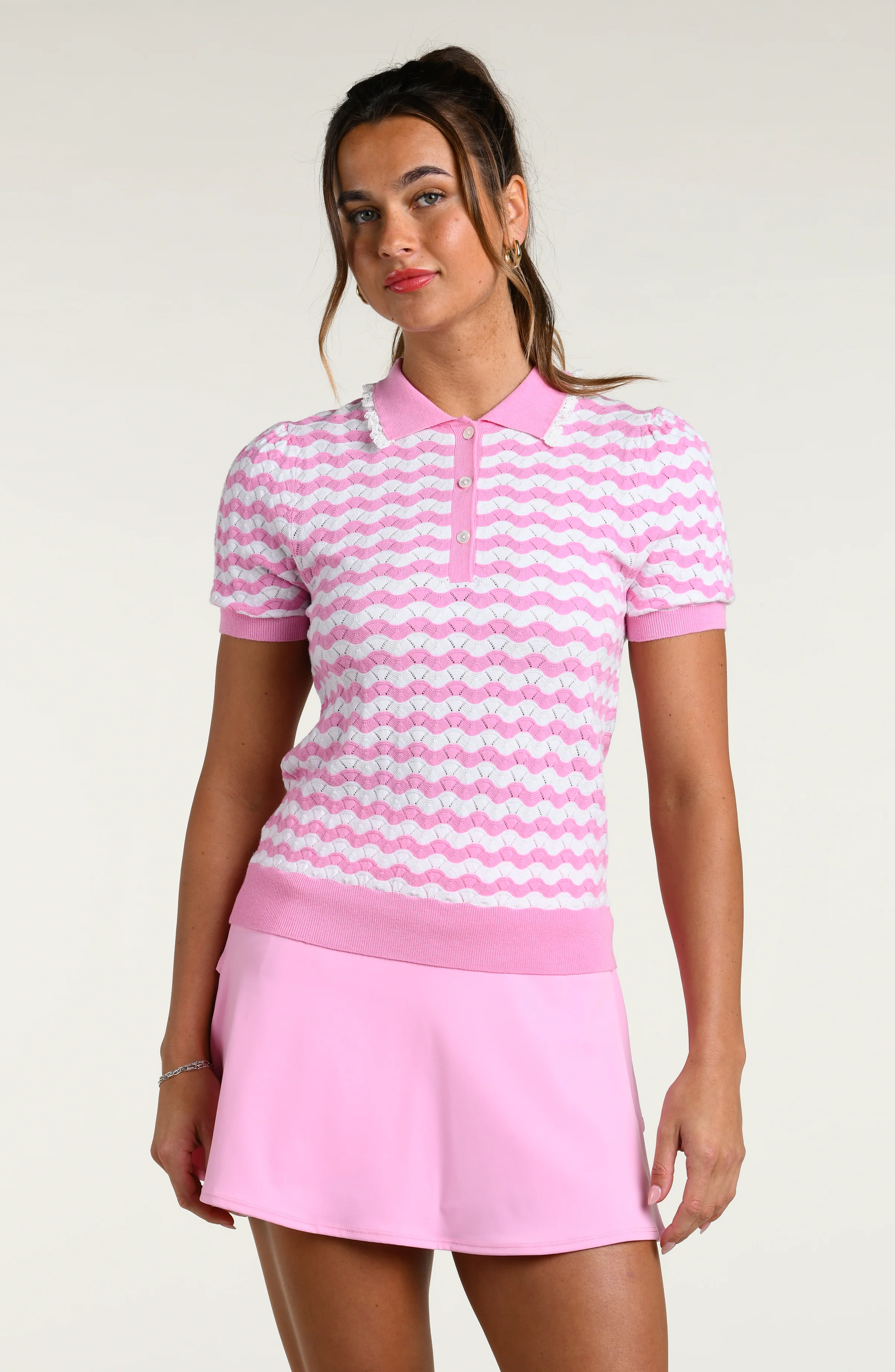 Court Coquette Open Knit Polo - Strawberry - Image 3