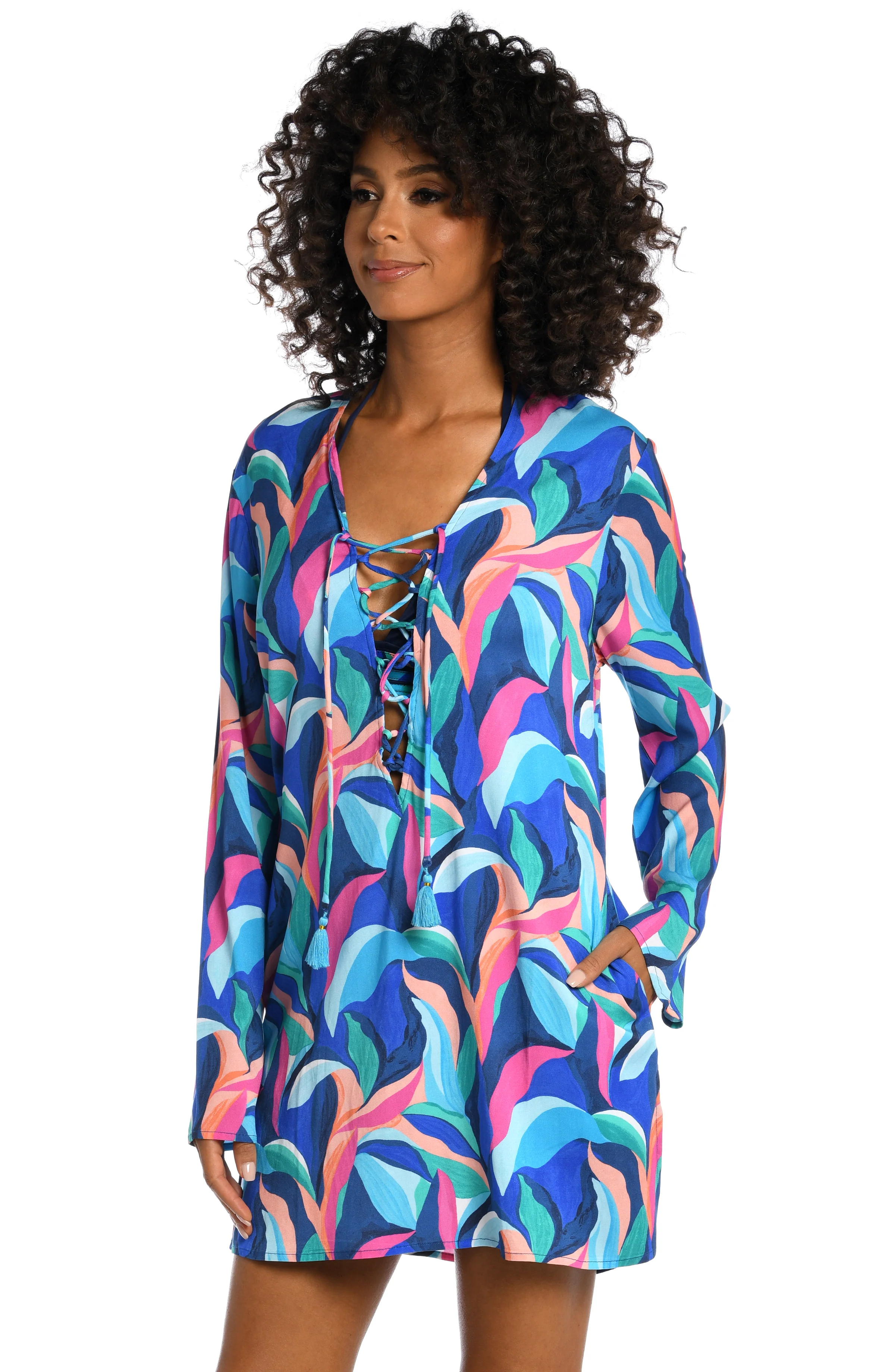 Painted Leaves Lace Up V-Neck Tunic - FINAL SALE - Image 3