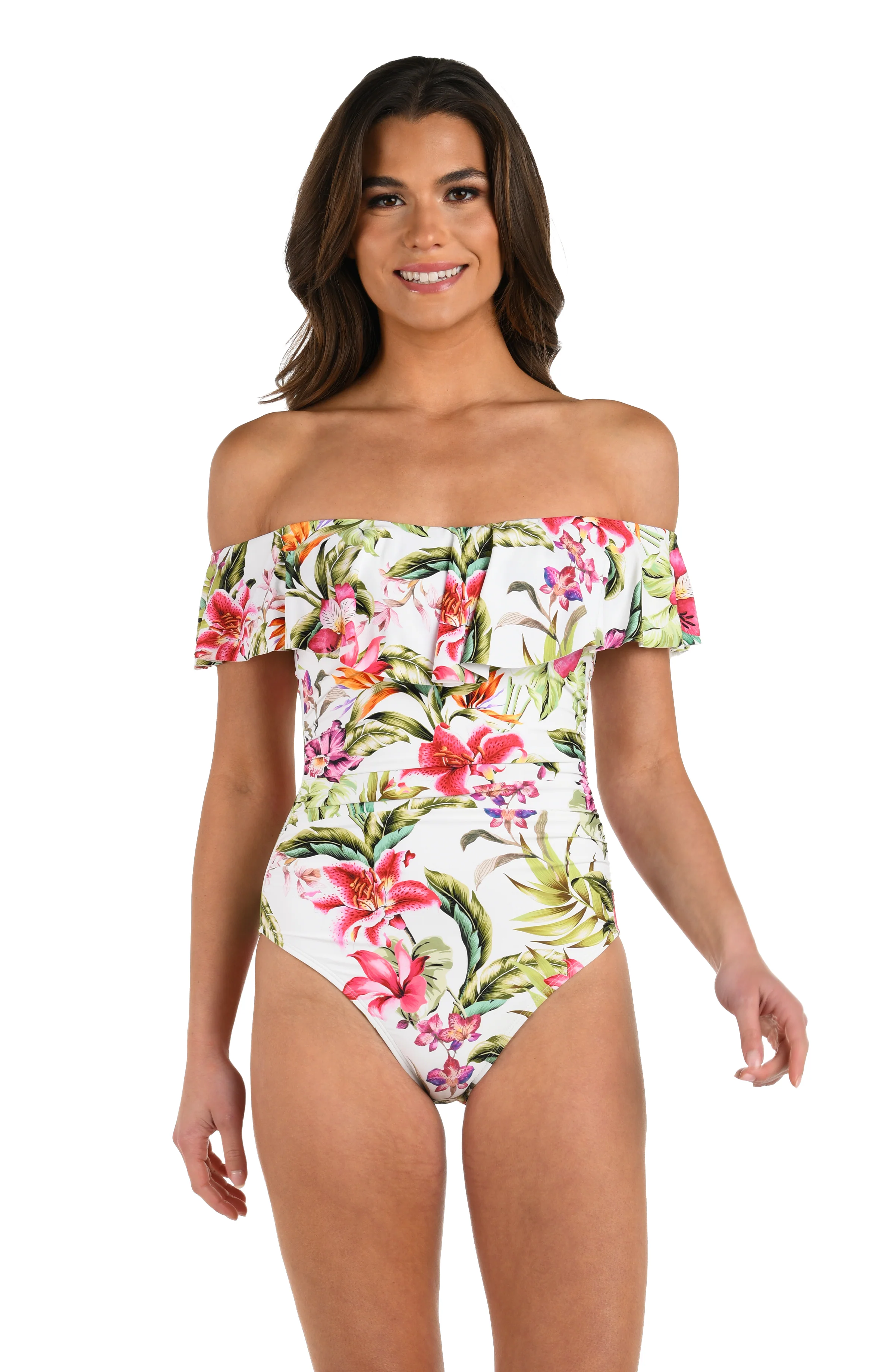 Polynesian Paradise Off Shoulder Ruffle One Piece - Image 3