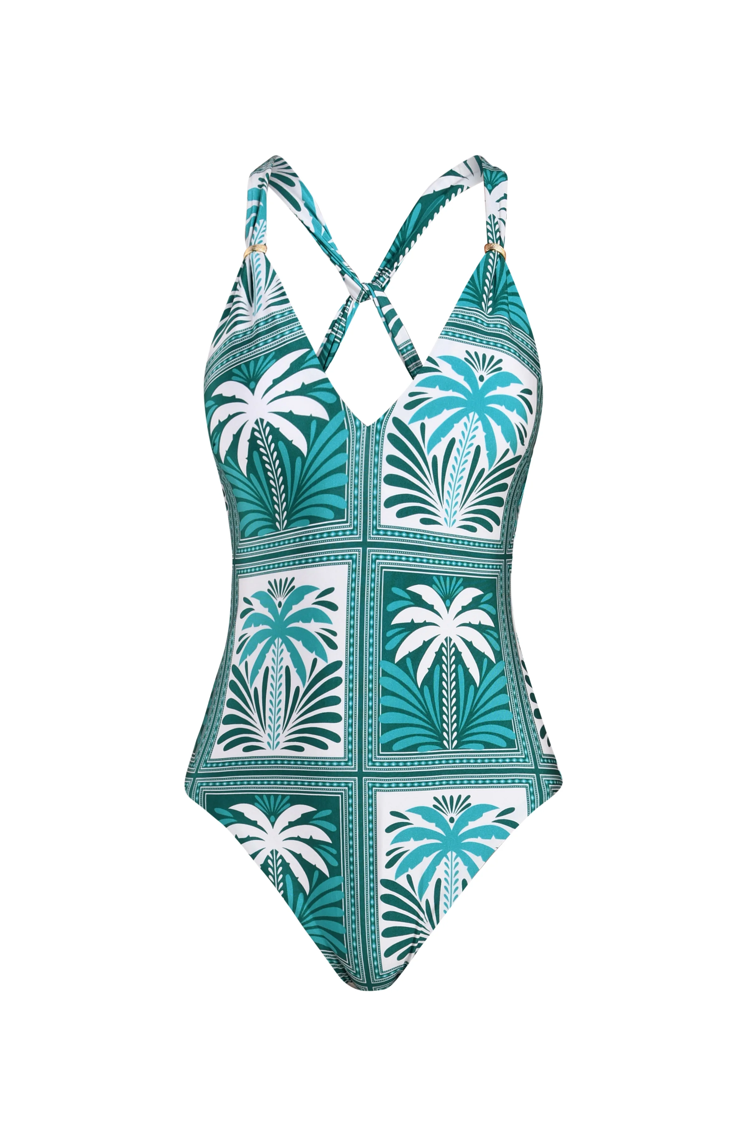 Sunshine 79 Patchwork Palms V-Plunge One Piece - Image 3